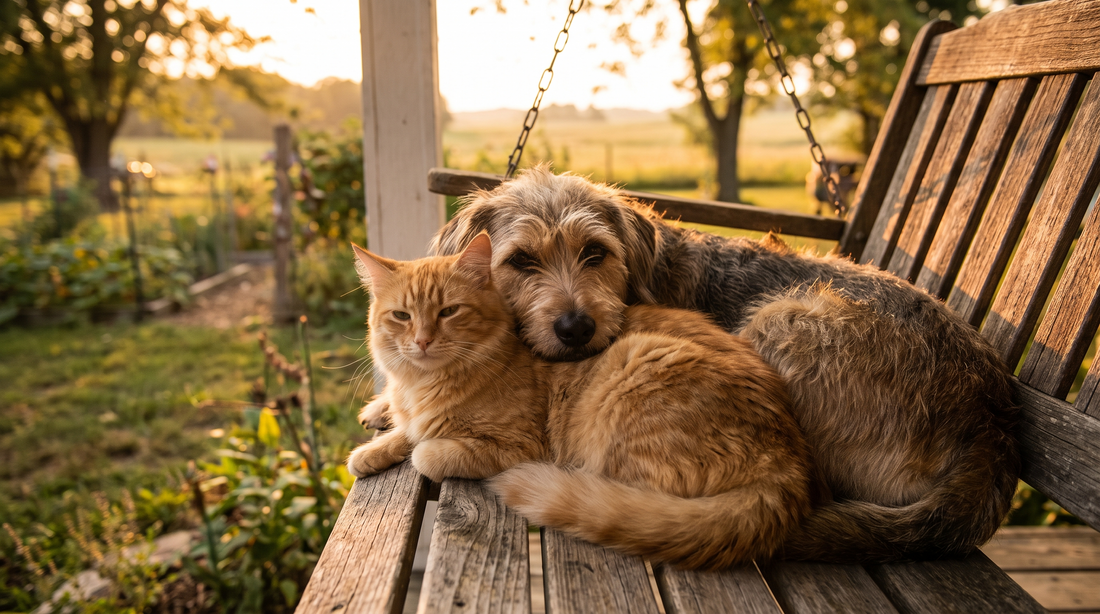 Ein geretteter Hund und eine gerettete Katze ruhen gemeinsam im Abendlicht